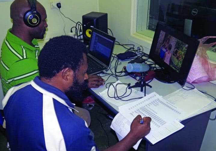 Media specialists in training strive to make sure that the dubbed voices match the actors’ movements in the video, “O Papa God.” Local languages help the videos to be understood and promote community health through God’s Word.